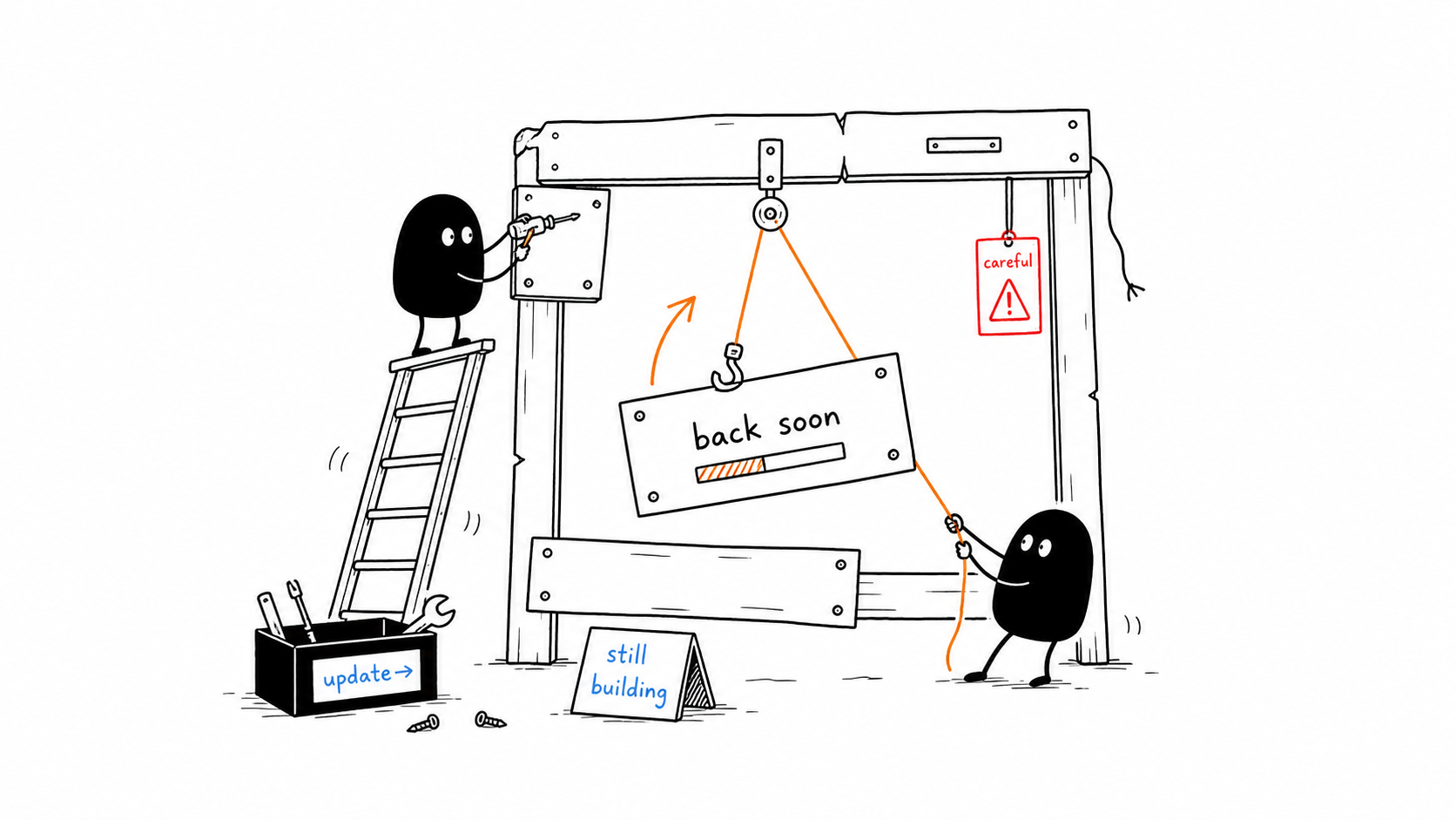 Hand-drawn illustration of Xiaohei characters rebuilding a website frame